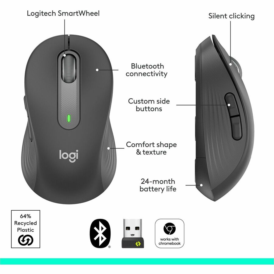 Logitech Signature M650 Wireless Mouse - For Small to Medium Sized Hands, 2-Year Battery, Silent Clicks, Customizable Side Buttons, Bluetooth, Multi-Device Compatibility (Graphite) - 910-006250