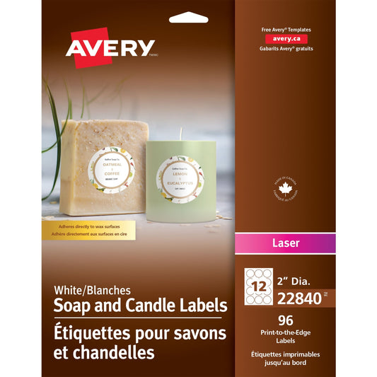 Avery&reg; Glossy White Round Soap and Candle Labels 2" Diameter, Permanent Adhesive, for Laser Printers