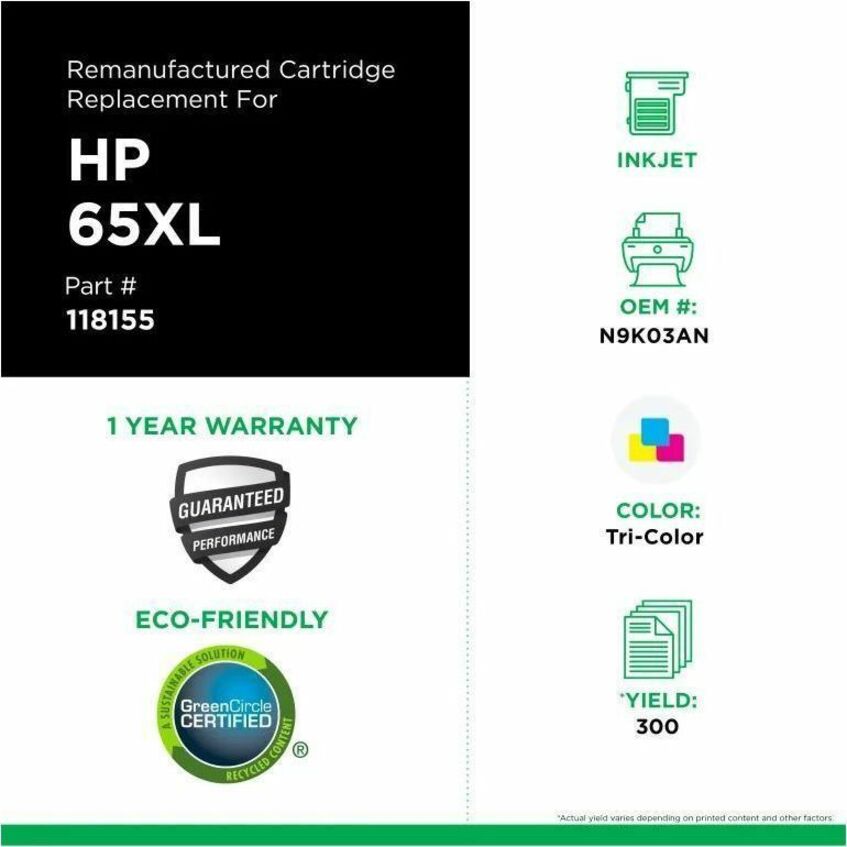 CIG 118155 Remanufactured High Yield Inkjet Ink Cartridge - Single Pack 65, 65XL (65XL (N9K03AN)) - Tri-color - 1 Each - 118155