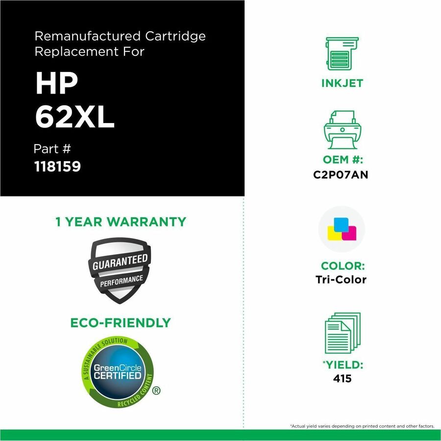 CIG Remanufactured High Yield Inkjet Ink Cartridge 62XL (C2P07AN) - Tri-color - 1 Each - 118159