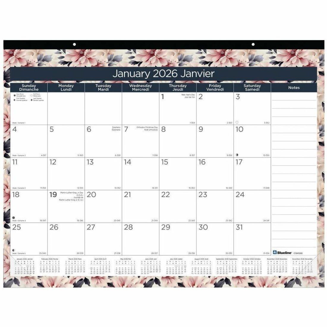 Blueline Floral Monthly Desk Pad Calendar, 22" x 17" , Bilingual