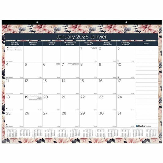 Blueline Floral Monthly Desk Pad Calendar, 22" x 17" , Bilingual