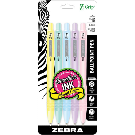 Zebra Pen Z-Grip Pastels Retractable Ballpoint 1.0mm Assorted 5Pk