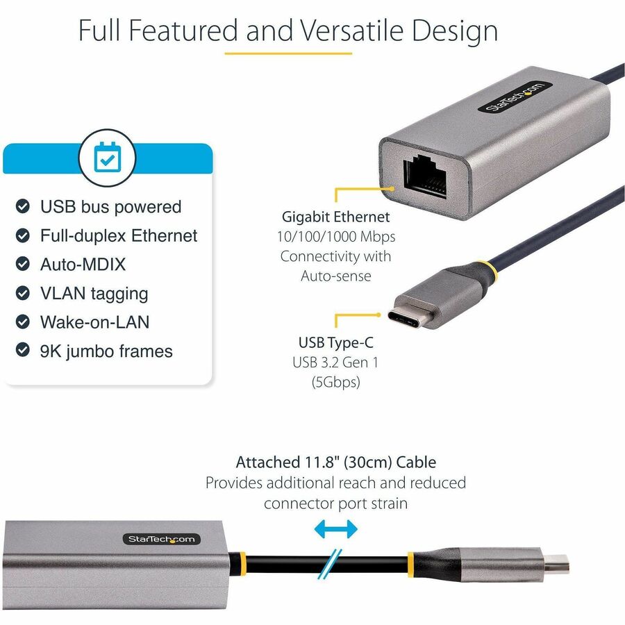 StarTech.com USB-C to Ethernet Adapter, 10/100/1000 Mbps, Gigabit Network Adapter, ASIX AX88179A, 1ft/30cm Cable, Windows/macOS/Linux - US1GC30B2