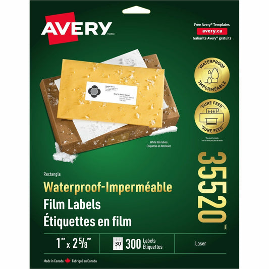 Avery&reg; Waterproof Labels 1" x 2-5/8" , Permanent Adhesive, for Laser Printers