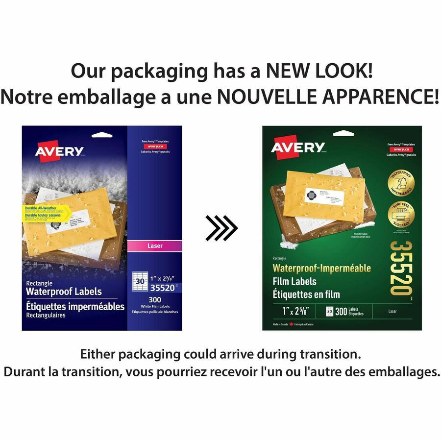 Avery Rectangle Waterproof Labels 1" x 2-5/8" , Permanent Adhesive, for Laser Printers - 35520