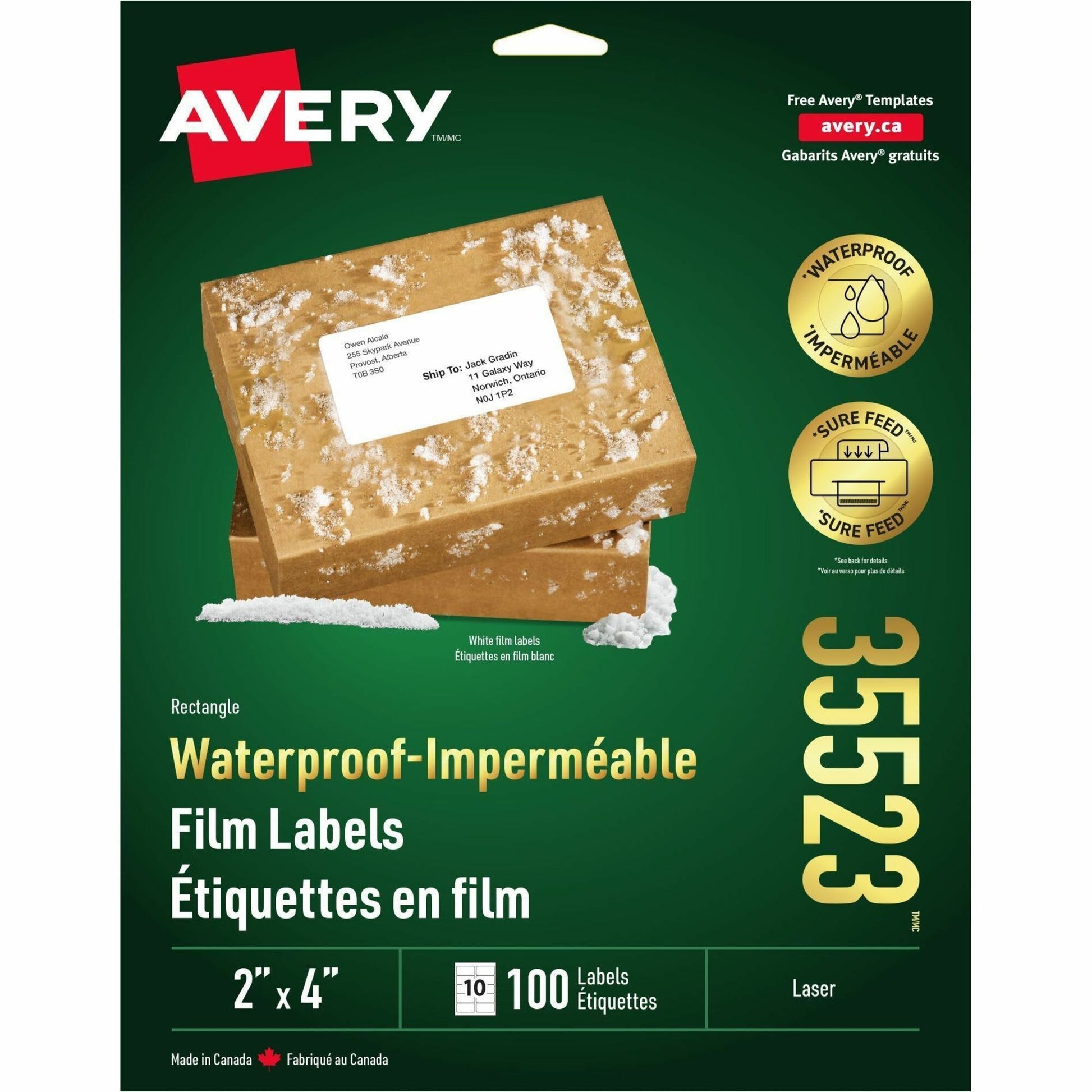 Avery&reg; Waterproof Labels 2" x 4" , Permanent Adhesive, for Laser Printers