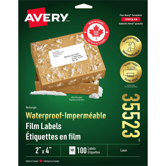 Avery Rectangle Waterproof Labels 2" x 4" , Permanent Adhesive, for Laser Printers