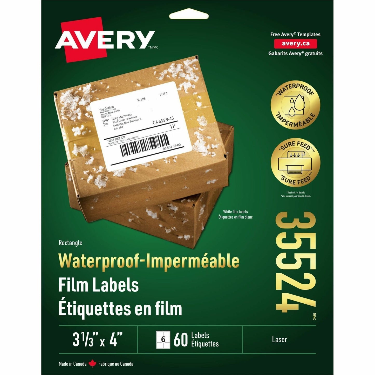 Avery&reg; Waterproof Labels 3-1/3" x 4" , Permanent Adhesive, for Laser Printers