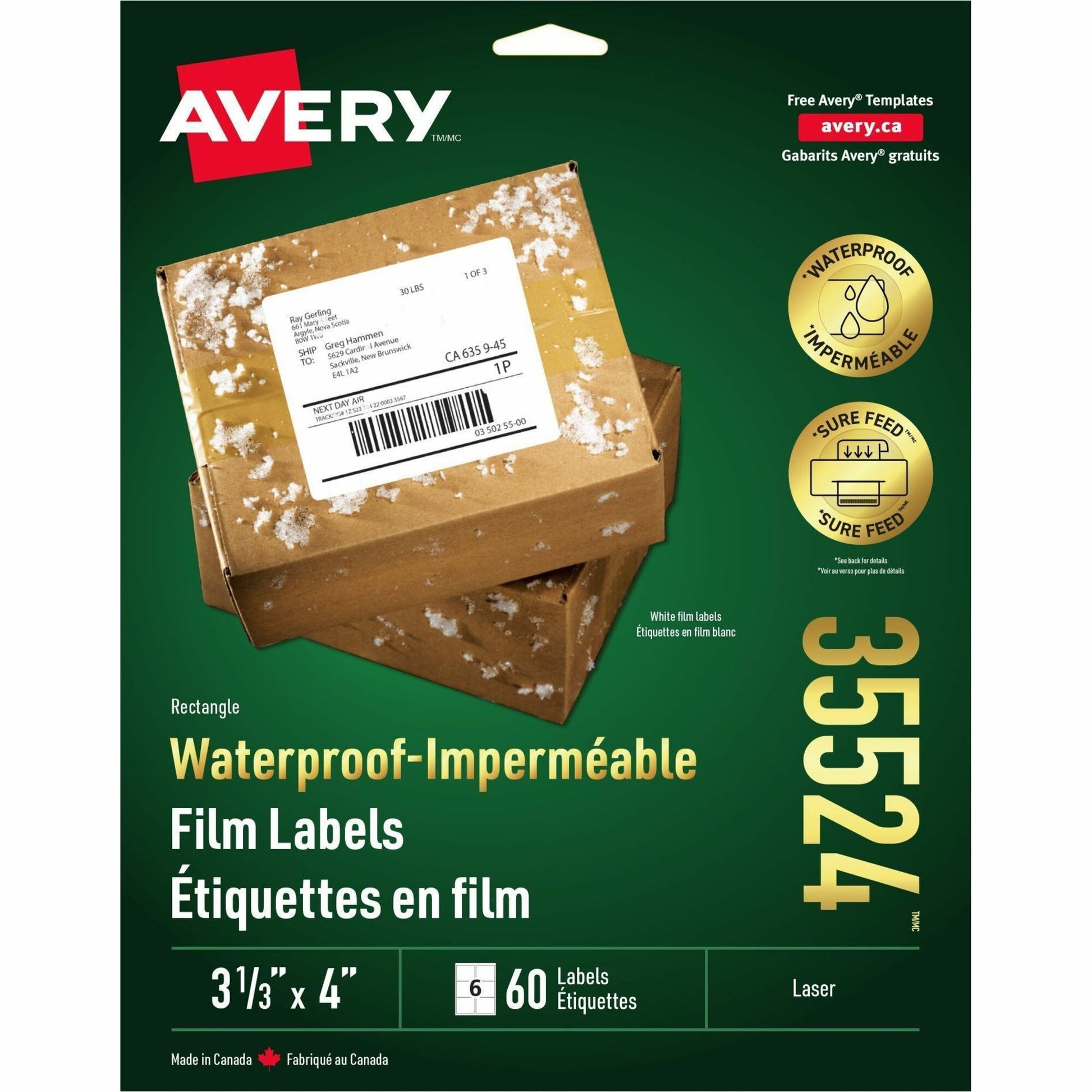 Avery&reg; Waterproof Labels 3-1/3" x 4" , Permanent Adhesive, for Laser Printers