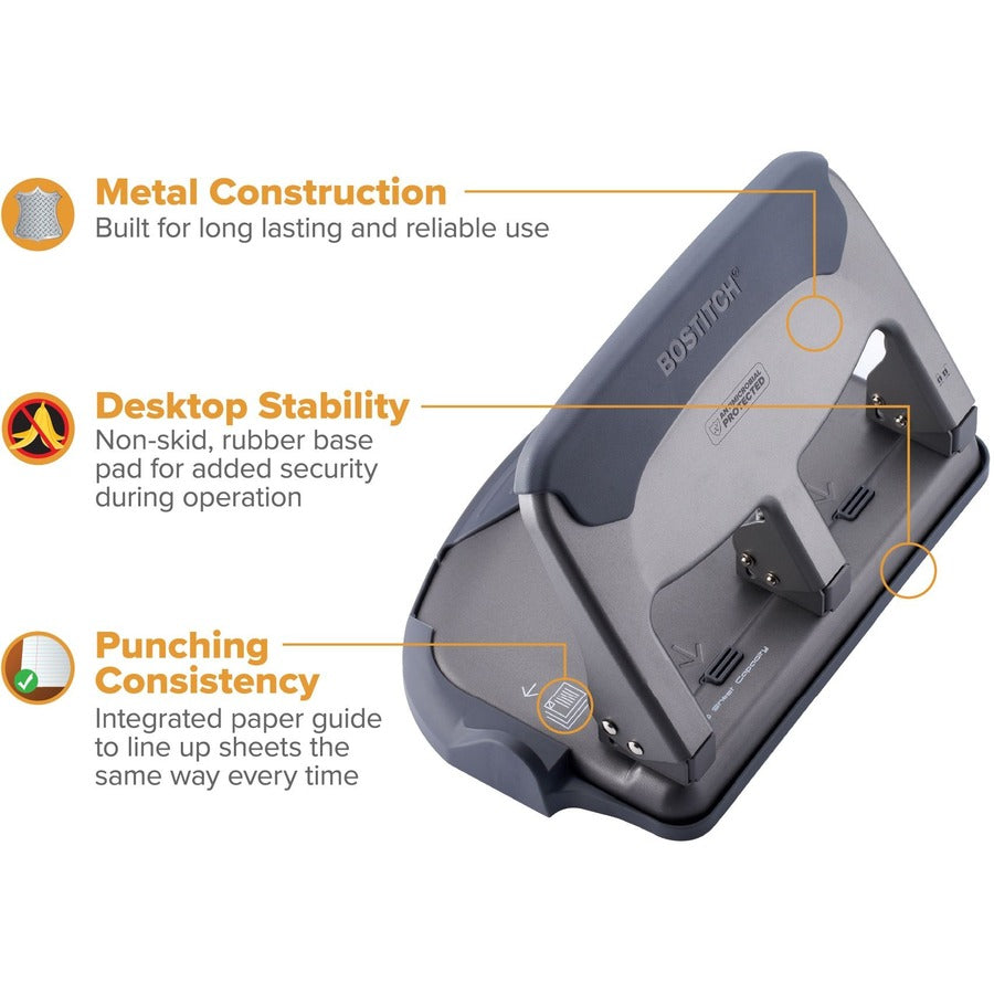 Bostitch Antimicrobial EZ Squeeze&trade;? 40 Sheet Hole Punch, Gray/Black - HP40AM