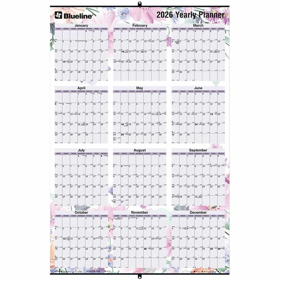 Blueline Passion Yearly Laminated Wall Calendar, 24" x 36" , English - C171920