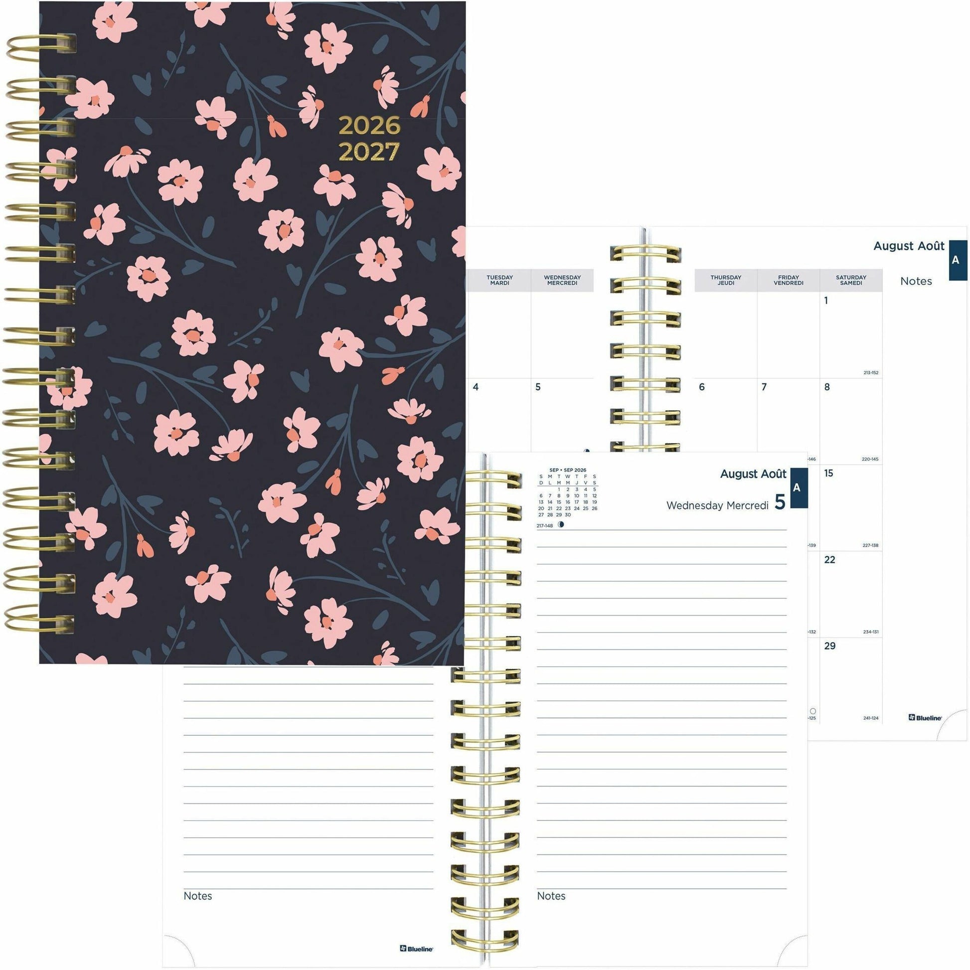Blueline Blossom Academic 12-Month Daily Planner, 8" x 5" , English, Navy