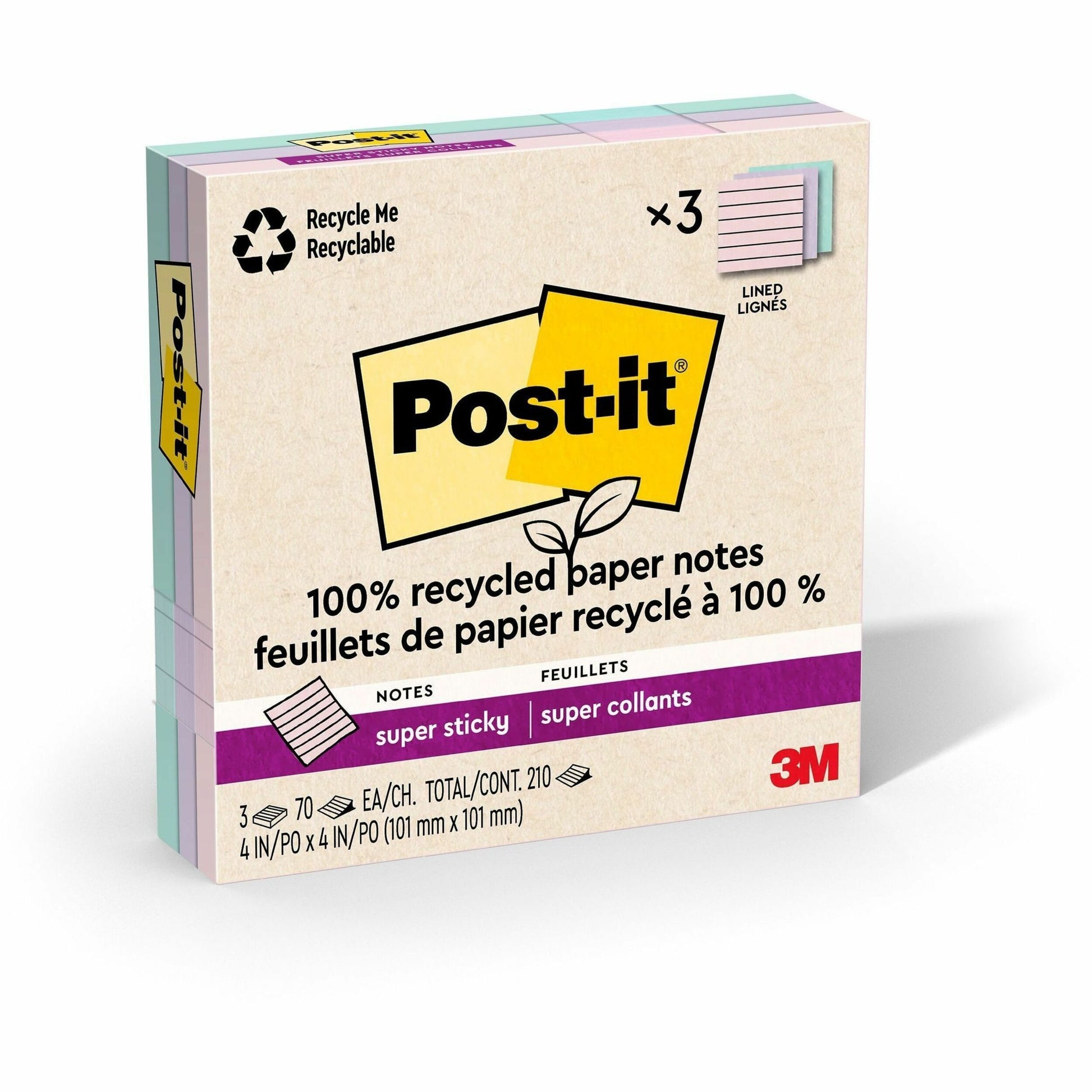 Post-it&reg; 100% Recycled Paper Super Sticky Notes, 4 in x 4 in Lined, Wanderlust Pastels Collection