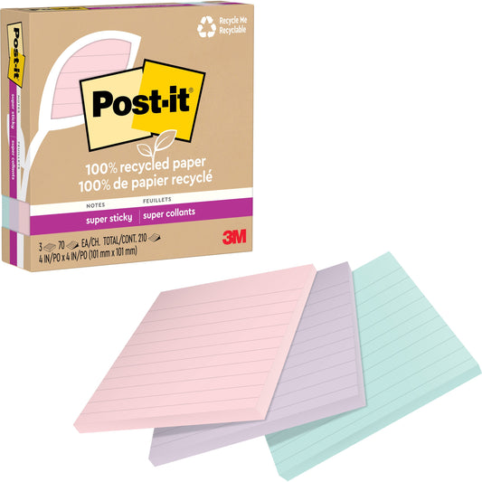 Post-it&reg; 100% Recycled Paper Super Sticky Notes 4 in x 4 in Lined Wanderlust Pastels Collection