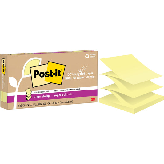 Post-it&reg; 100% Recycled Paper Super Sticky Dispenser Notes 3 in x 3 in Canary Yellow