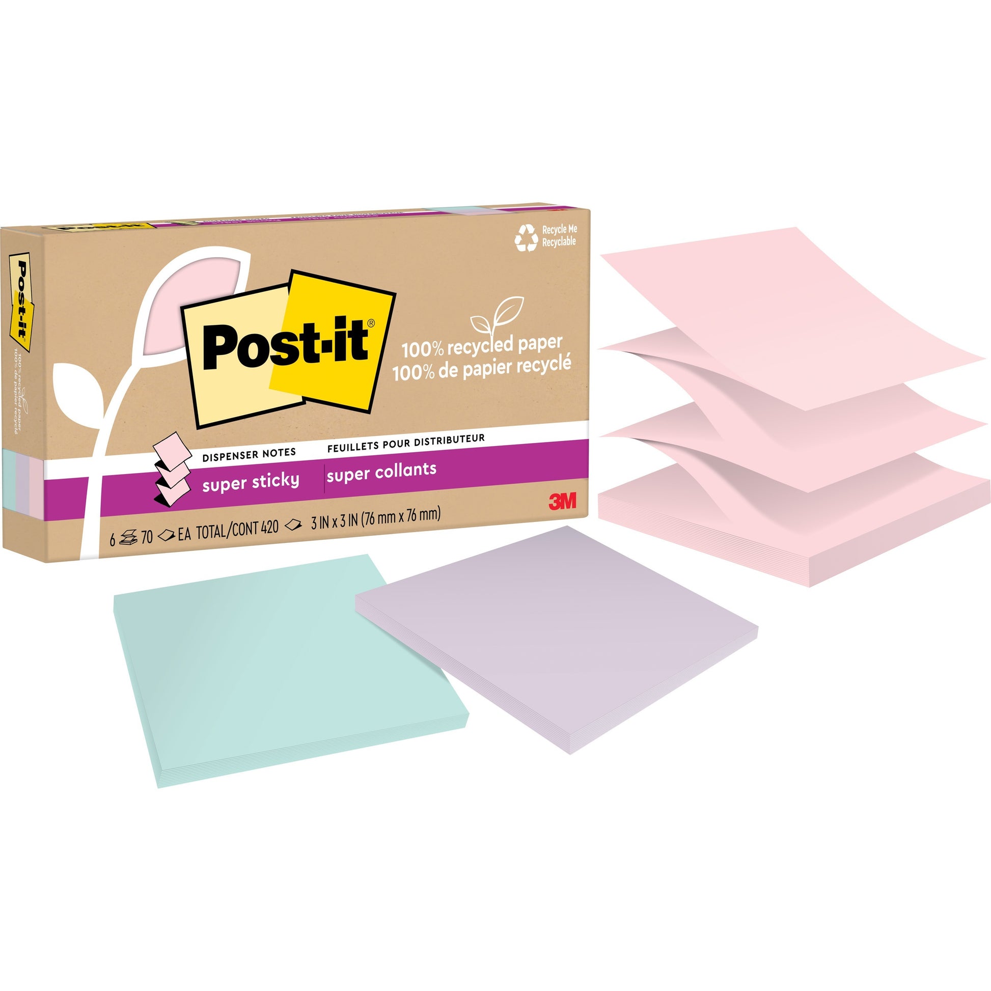 Post-it&reg; 100% Recycled Paper Super Sticky Dispenser Notes 3 in x 3 in Wanderlust Pastels Collection