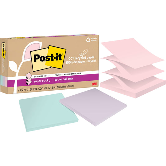 Post-it&reg; 100% Recycled Paper Super Sticky Dispenser Notes 3 in x 3 in Wanderlust Pastels Collection
