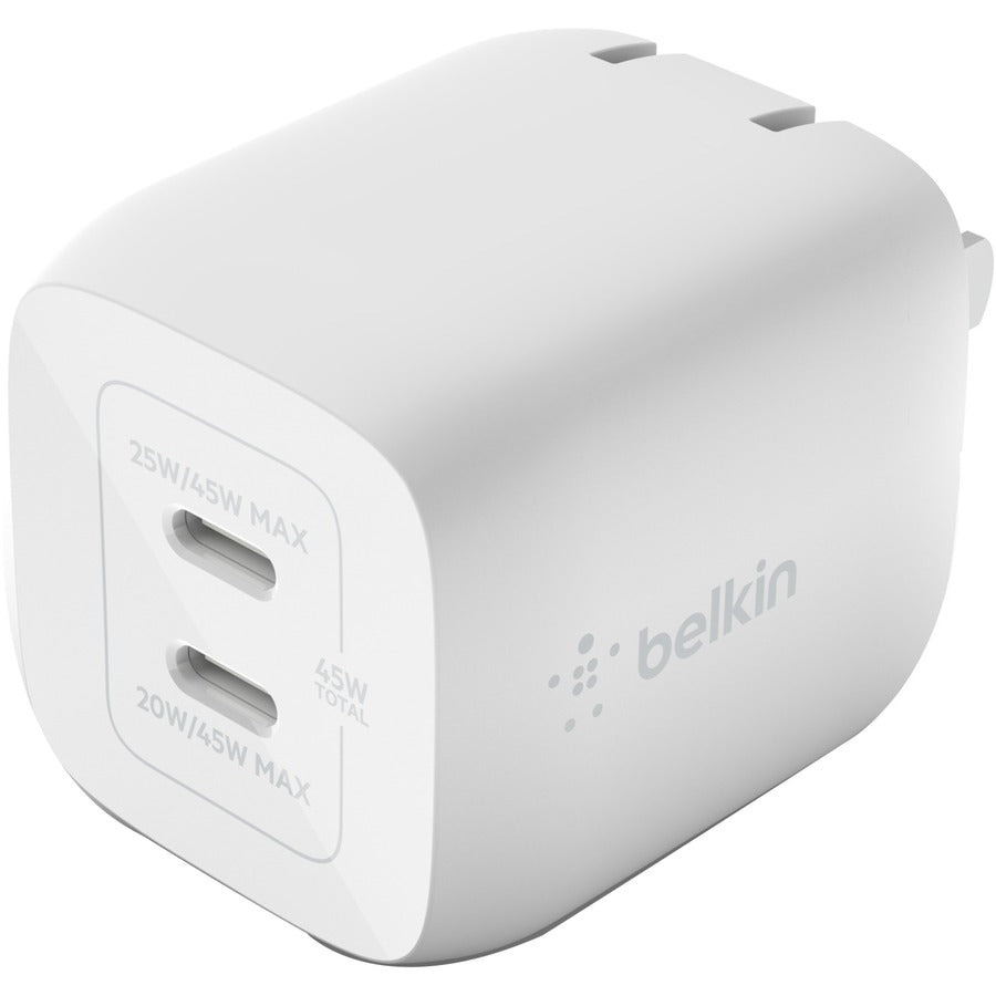 Belkin BoostCharge Pro Dual USB-C GaN Wall Charger with PPS 45W Laptop Chromebook Charging - Power Adapter - WCH011DQWH