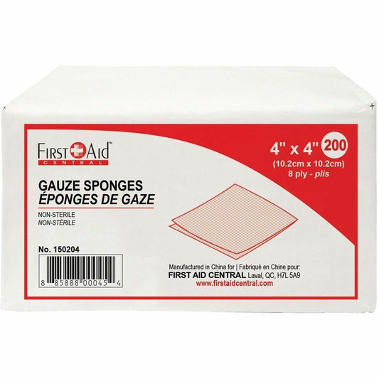 First Aid Central Gauze Sponges, 8-Ply, 5.1 x 5.1 cm (2" x 2"), 200/Box