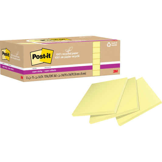 Post-it&reg; 100% Recycled Paper Super Sticky Notes 3 in x 3 in Canary Yellow