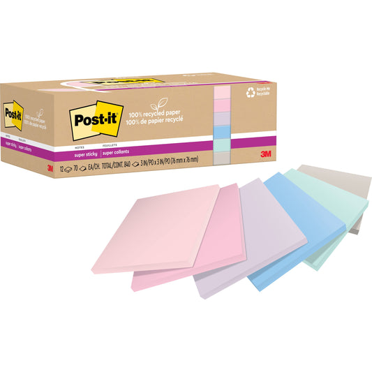 Post-it&reg; 100% Recycled Paper Super Sticky Notes 3 in x 3 in Wanderlust Pastels Collection