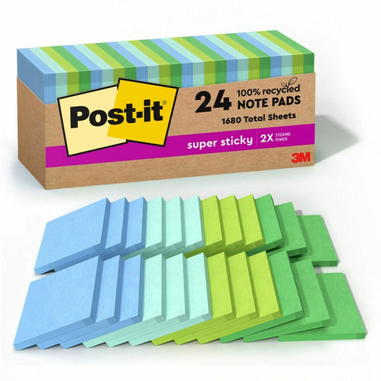 Post-it&reg; 100% Recycled Paper Super Sticky Notes 3 in x 3 in Oasis Collection