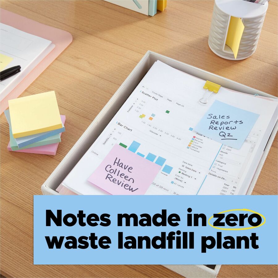 Post-it&reg; 100% Recycled Paper Super Sticky Notes 3 in x 3 in Oasis Collection - 654R24SSTCP