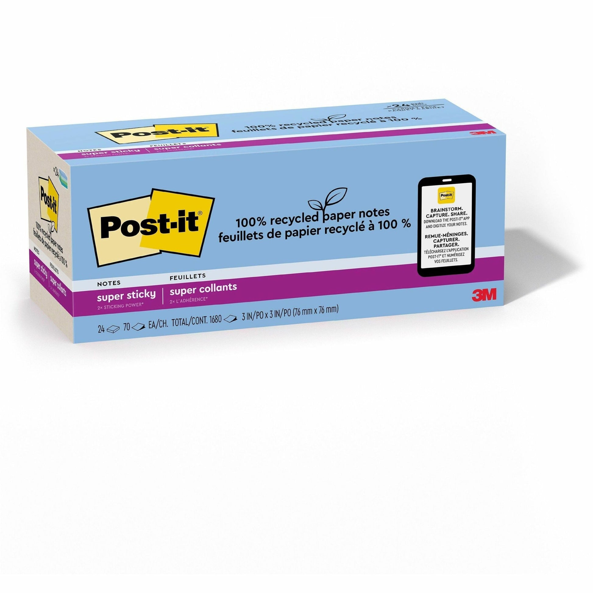 Post-it&reg; 100% Recycled Paper Super Sticky Notes, 3 in x 3 in, Oasis Collection