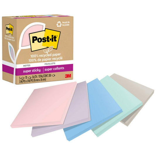 Post-it&reg; 100% Recycled Paper Super Sticky Notes 3 in x 3 in Wanderlust Pastels Collection