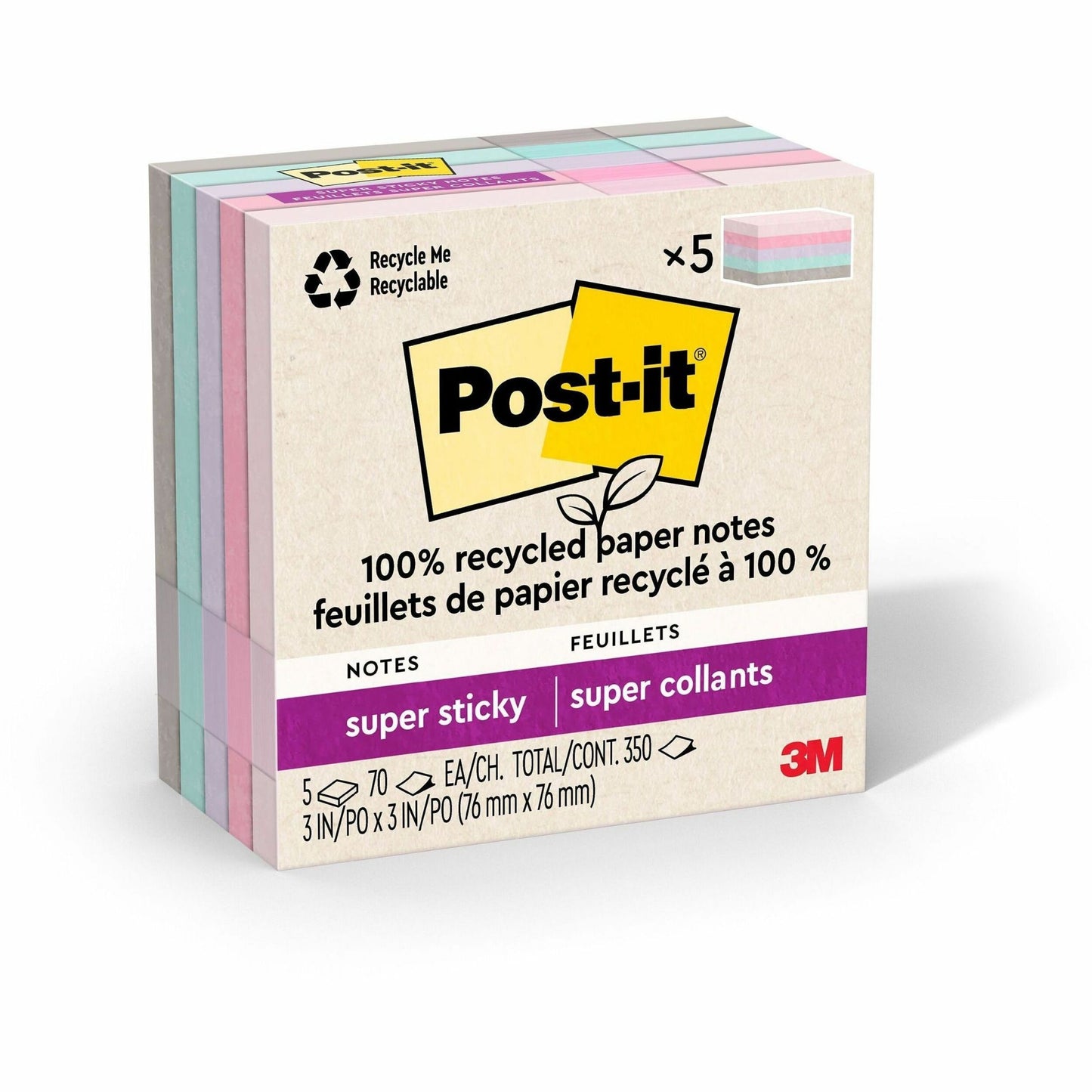 Post-it&reg; 100% Recycled Paper Super Sticky Notes, 3 in x 3 in, Wanderlust Pastels Collection