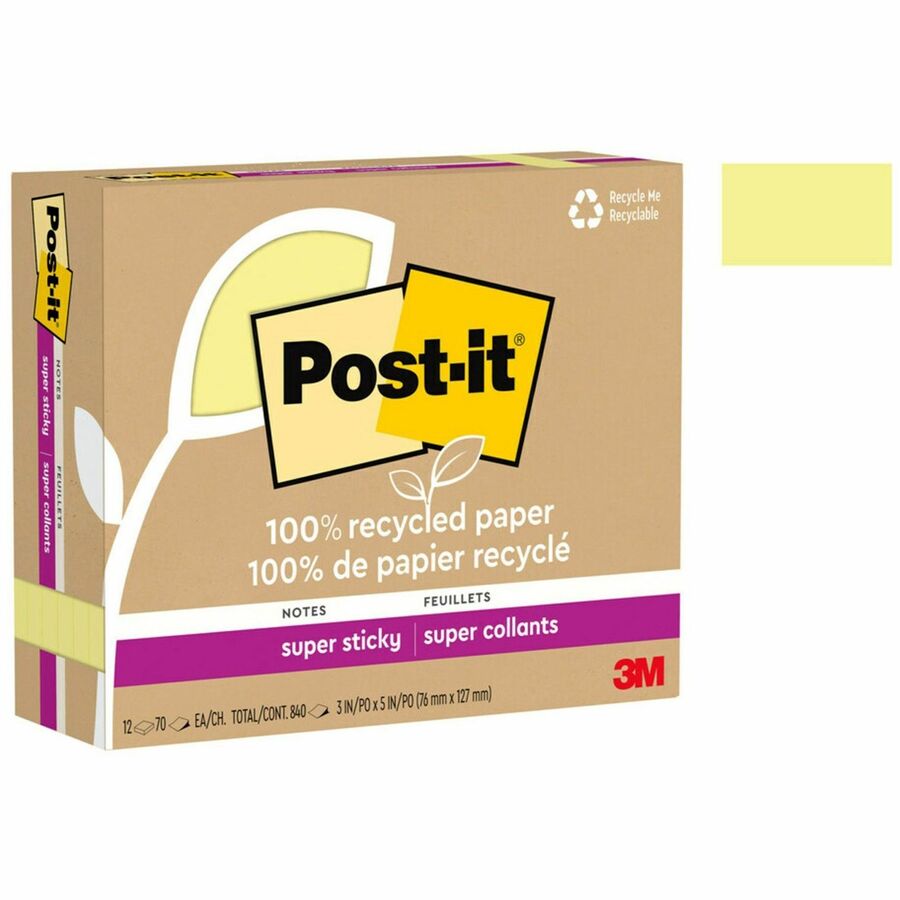 Post-it&reg; 100% Recycled Paper Super Sticky Notes 3 in x 5 in Canary Yellow - 655R12SSCY