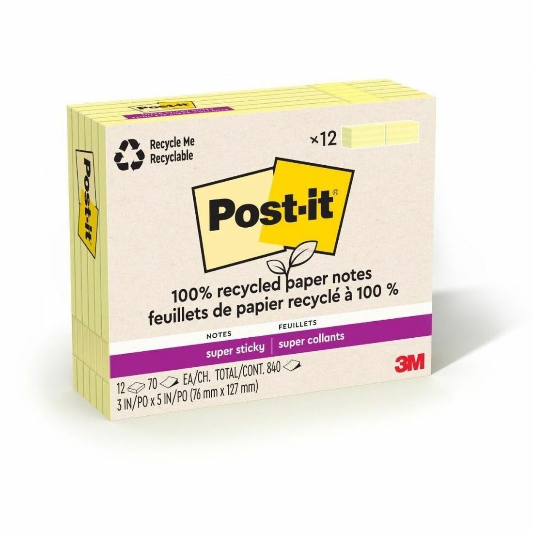 Post-it&reg; 100% Recycled Paper Super Sticky Notes, 3 in x 5 in, Canary Yellow