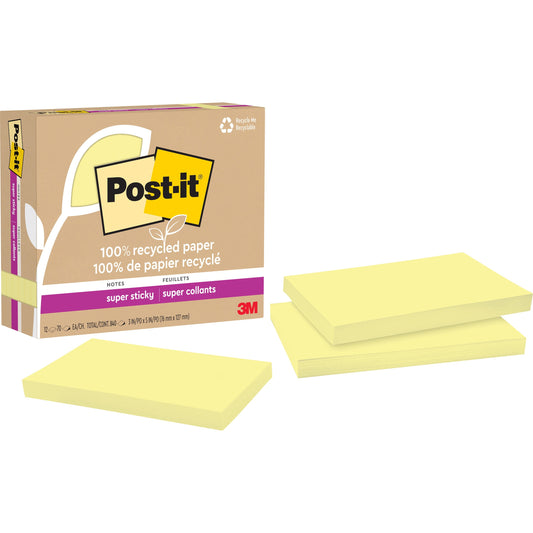 Post-it&reg; 100% Recycled Paper Super Sticky Notes 3 in x 5 in Canary Yellow