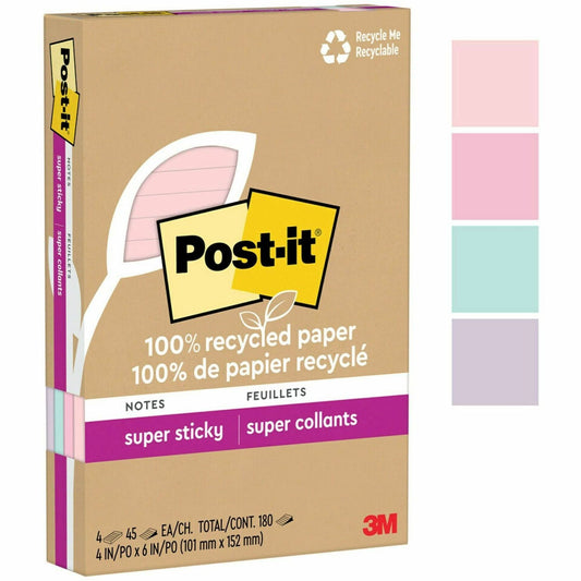 Post-it&reg; 100% Recycled Paper Super Sticky Notes 4 in x 6 in Lined Wanderlust Pastels Collection