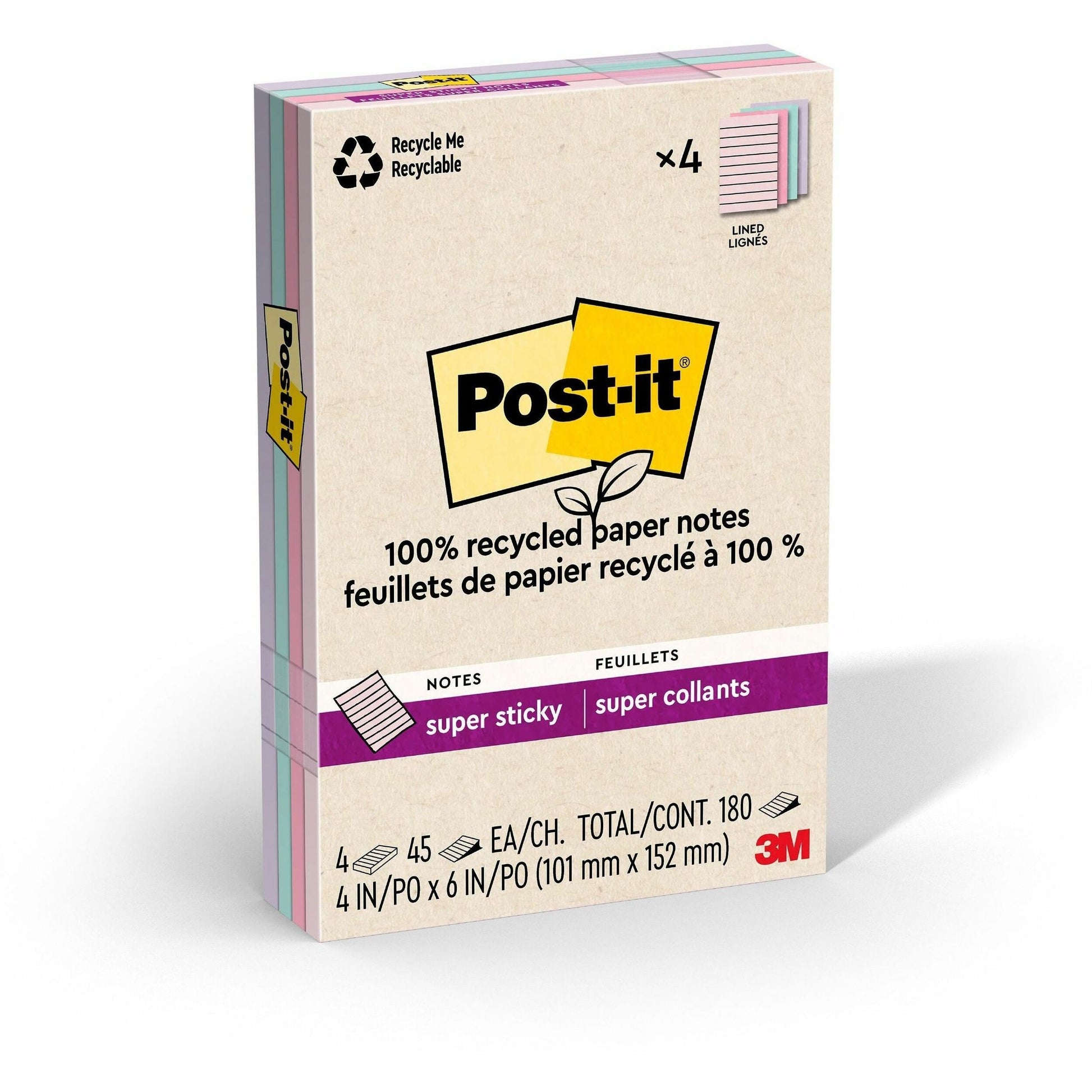 Post-it&reg; 100% Recycled Paper Super Sticky Notes, 4 in x 6 in Lined, Wanderlust Pastels Collection