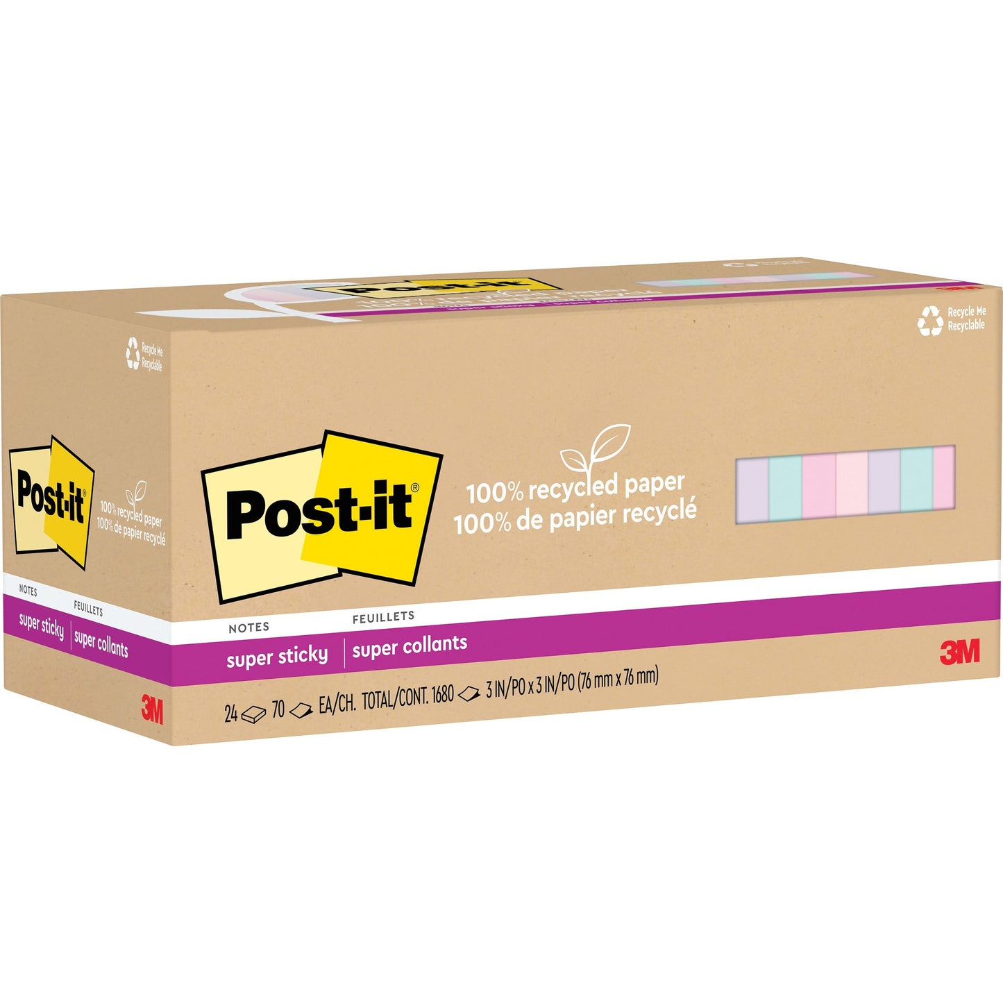 Post-it&reg; 100% Recycled Paper Super Sticky Notes 3 in x 3 in Wanderlust Pastels Collection