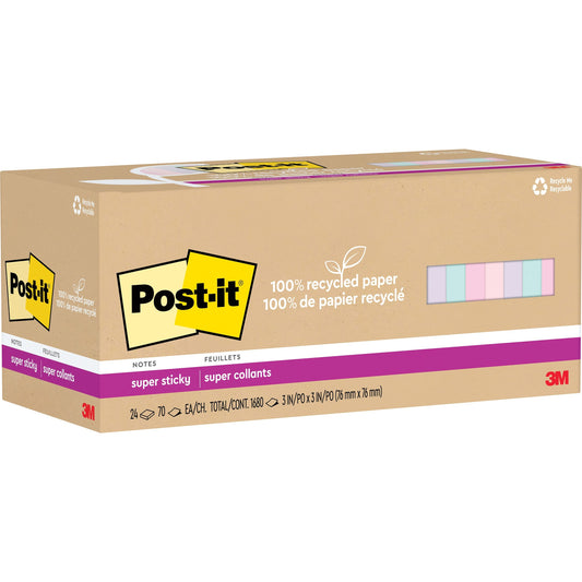 Post-it&reg; 100% Recycled Paper Super Sticky Notes 3 in x 3 in Wanderlust Pastels Collection