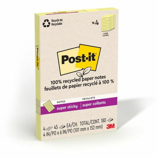 Post-it&reg; 100% Recycled Paper Super Sticky Notes, 4 in x 6 in Lined, Canary Yellow