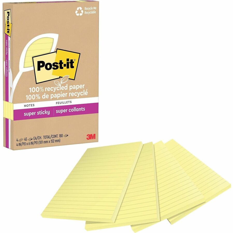 Post-it&reg; 100% Recycled Paper Super Sticky Notes, 4 in x 6 in Lined, Canary Yellow - 4621R-4SSCY