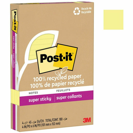 Post-it&reg; 100% Recycled Paper Super Sticky Notes 4 in x 6 in Lined Canary Yellow