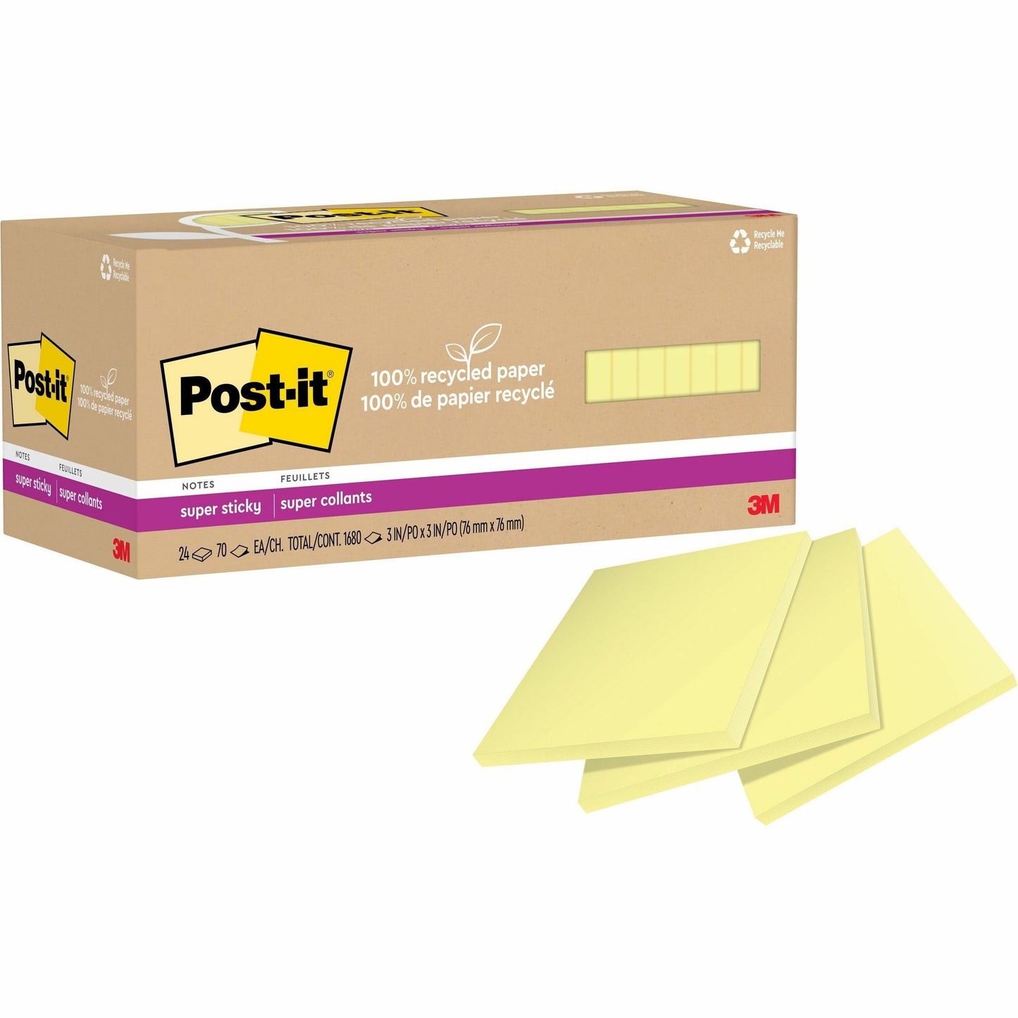 Post-it&reg; 100% Recycled Paper Super Sticky Notes 3 in x 3 in Canary Yellow