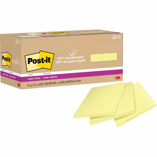 Post-it&reg; 100% Recycled Paper Super Sticky Notes 3 in x 3 in Canary Yellow