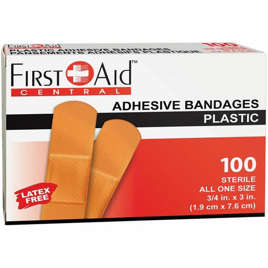 First Aid Central Adhesive Plastic Bandages, 1.9 x 7.6cm (3/4" x 3"), 100/Box