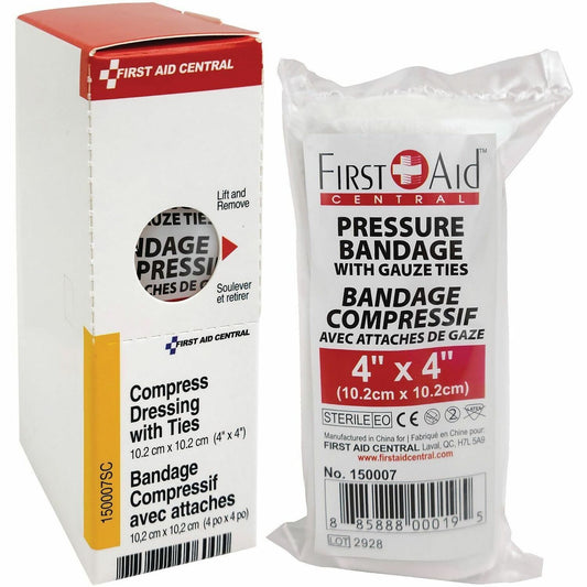 First Aid Central Compress Pressure Bandage with Ties (4" x 4")