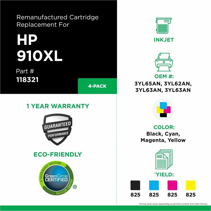 CIG Remanufactured High Yield Inkjet Ink Cartridge - Box 910XL (3YL62AN, 3YL63AN, 3YL63AN, 3YL65AN) - Black, Cyan, Magenta, Yellow - 4 / Pack - 118321