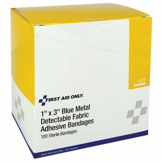 First Aid Central Adhesive Blue Metal Detectable Fabric Bandages, 2.5 x 7.6cm (1"x3"), 100/Box