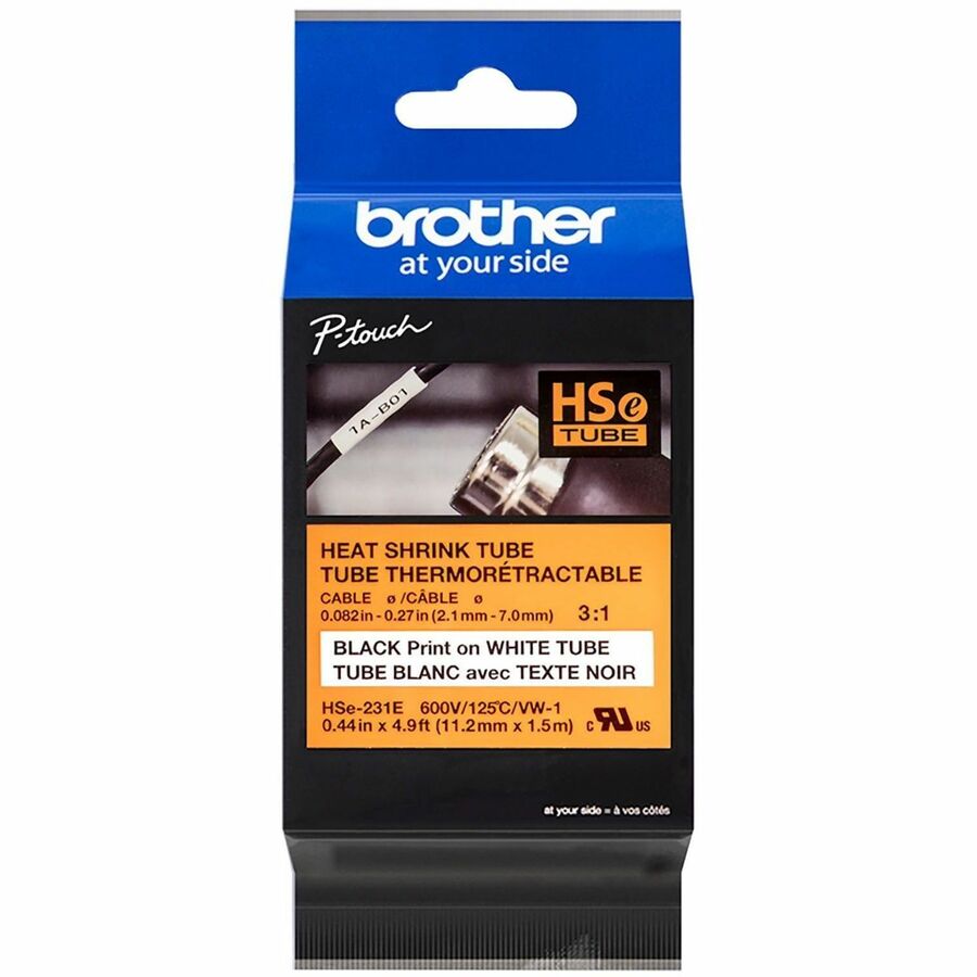 Brother HSe-231E Black on White Heat Shrink Tube Tape, 11.2 mm (0.44 in.) - HSE231E