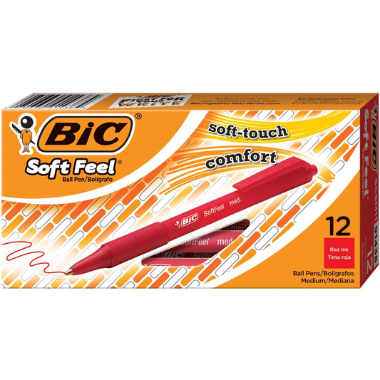 BIC Soft Feel Red Retractable Ballpoint Pens, Medium Point (1.0 mm), 12-Count Pack, Red Pens With Soft-Touch Comfort Grip