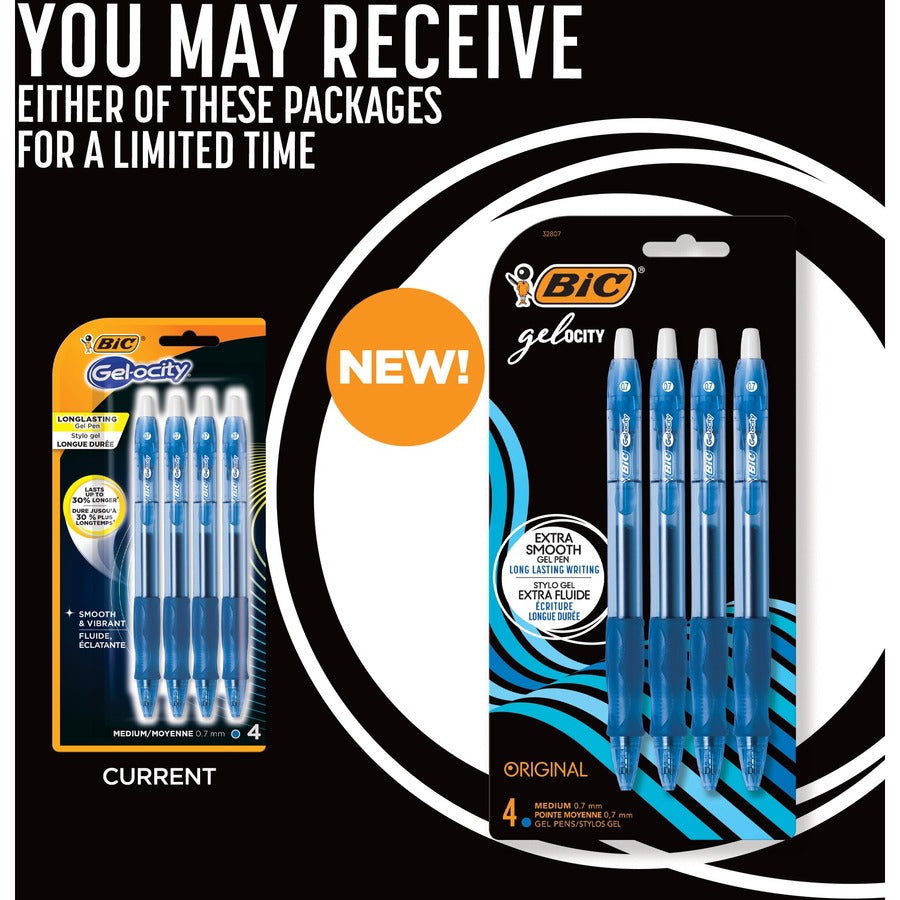 BIC Gel-ocity Original Blue Gel Pens, Medium Point (0.7 mm), 4-Count Pack, Retractable Gel Pens With Comfortable Grip - RLCP41-BLU-CA